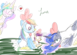 Size: 1024x731 | Tagged: safe, artist:darkest-lunar-flower, princess celestia, princess luna, rainbow dash, scootaloo, pony, g4, :p, animal costume, chicken suit, clothes, costume, cute, cutealoo, cutelestia, dashabetes, henbow dash, hilarious in hindsight, jewelry, lunabetes, regalia, scootachicken, silly, silly pony, simple background, sitting, smiling, tongue out, white background