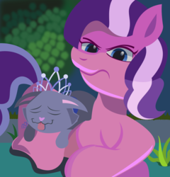 Size: 800x832 | Tagged: safe, artist:magerblutooth, diamond tiara, oc, oc:dazzle, cat, pony, g4, crown, jewelry, regalia, sleeping, tongue out