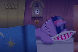Size: 3507x2346 | Tagged: safe, artist:trackheadtherobopony, twilight sparkle, pony, unicorn, g4, bed, clock, cute, female, golden oaks library, high res, mare, sleeping, solo, twiabetes