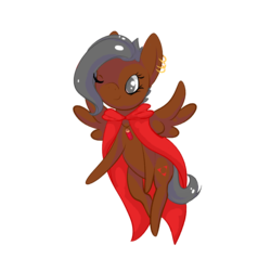 Size: 1000x1000 | Tagged: safe, artist:hirundoarvensis, oc, oc only, oc:hirundo, pegasus, pony, chibi, cloak, clothes, ear piercing, earring, female, jewelry, necklace, one eye closed, philosopher's stone, piercing, smiling, solo, vial