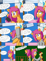 Size: 2400x3200 | Tagged: safe, artist:jake heritagu, scootaloo, oc, oc:lightning blitz, pegasus, pony, comic:ask motherly scootaloo, g4, ask, baby, baby pony, bed, brush, colt, comic, crib, crying, dressing, female, high res, holding a pony, male, mother and son, motherly scootaloo, offspring, older, older scootaloo, parent:rain catcher, parent:scootaloo, parents:catcherloo, poster, speech bubble, sweatshirt, tumblr