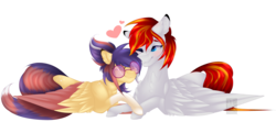 Size: 2869x1277 | Tagged: safe, artist:mauuwde, oc, oc only, oc:cookie, oc:heartfire, bat pony, pegasus, pony, commission, cookiefire, eyes closed, female, glasses, heart, male, mare, nuzzling, prone, simple background, smiling, stallion, straight, transparent background