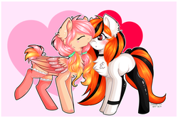 Size: 1500x1000 | Tagged: safe, artist:bizonekx33, oc, oc only, oc:bright tear, oc:peachy love, earth pony, pegasus, pony, blushing, clothes, eyes closed, female, heart, lesbian, mare, oc x oc, shipping, stockings, thigh highs