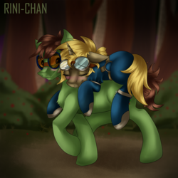 Size: 1000x1000 | Tagged: safe, artist:rinikka, oc, oc only, oc:golden gear, oc:haywire, earth pony, pony, unicorn, clothes, cute, female, forest, male, ponies riding ponies, riding, shipping, sleeping, straight, walking, ych result