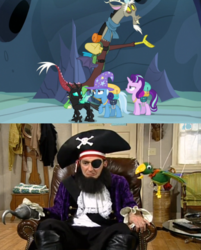 Size: 498x620 | Tagged: safe, edit, edited screencap, editor:mega-poneo, screencap, discord, starlight glimmer, thorax, trixie, g4, to where and back again, angry, anti-brony, meme, opinion, patchy the pirate, spongebob squarepants, the sponge who could fly