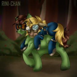 Size: 1000x1000 | Tagged: safe, alternate version, artist:rinikka, derpibooru exclusive, oc, oc only, oc:golden gear, oc:haywire, earth pony, pony, unicorn, clothes, cute, female, forest, male, ponies riding ponies, riding, shipping, sleeping, smudge, straight, walking