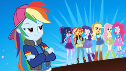 Size: 1280x720 | Tagged: safe, screencap, applejack, fluttershy, pinkie pie, rainbow dash, rarity, sci-twi, sunset shimmer, twilight sparkle, equestria girls, g4, get the show on the road, my little pony equestria girls: summertime shorts, backwards ballcap, baseball cap, cap, clothes, crossed arms, female, hat, humane seven, music video, open mouth, rapper dash