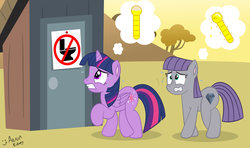 Size: 1024x608 | Tagged: safe, artist:aarondrawsarts, maud pie, twilight sparkle, alicorn, earth pony, pony, g4, bladder gauge, desperation, female, mare, need to pee, omorashi, out of character, out of order, outhouse, potty dance, potty emergency, potty time, sweat, trotting in place, twilight sparkle (alicorn), wrong cutie mark