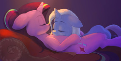 Size: 1267x641 | Tagged: safe, artist:grissaecrim, starlight glimmer, trixie, pony, unicorn, g4, cuddling, cute, duo, duo female, eyes closed, fainting couch, female, lesbian, mare, ship:startrix, shipping, sleeping