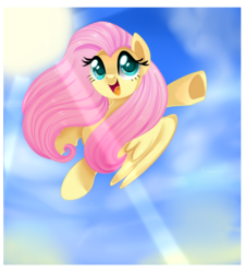 Size: 900x1000 | Tagged: source needed, safe, artist:clockupflowers, fluttershy, pegasus, pony, g4, crepuscular rays, cute, female, flying, mare, open mouth, shyabetes, sky, smiling, solo, spread wings, sun, underhoof, wings