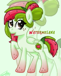 Size: 432x544 | Tagged: safe, artist:imtailsthefoxfan, oc, oc only, oc:watermelana, pony, freckles, gradient hooves, raised hoof, solo