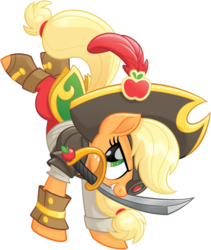 Size: 881x1042 | Tagged: safe, applejack, earth pony, pony, g4, my little pony: the movie, official, badass, clothes, eyepatch, female, freckles, hat, mare, mouth hold, pirate, pirate applejack, pirate hat, simple background, solo, sword, transparent background, vector, weapon