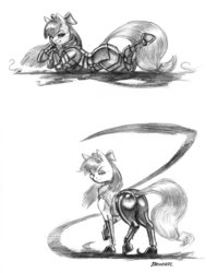 Size: 1100x1385 | Tagged: safe, artist:baron engel, apple bloom, earth pony, pony, g4, armor, butt, clothes, female, grayscale, latex, latex boots, looking at you, monochrome, plot, signature, simple background, solo, traditional art, white background