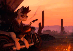 Size: 750x521 | Tagged: safe, artist:rodrigues404, oc, oc only, oc:lancer, pony, alcohol, animated, cigarette, gif, glasses, male, motorcycle, scenery, smoking, sunglasses, whiskey