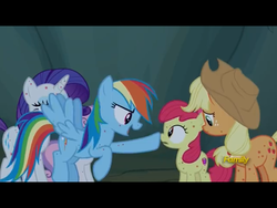 Size: 1024x768 | Tagged: safe, screencap, apple bloom, applejack, rainbow dash, rarity, sweetie belle, fly-der, pony, campfire tales, g4, apple sisters, belle sisters, bite mark, boop, cave, cowboy hat, discovery family, discovery family logo, female, filly, fly-der bite, foal, hat, letterboxing, mare, rainbow, rock, siblings, sisters, stetson, stone
