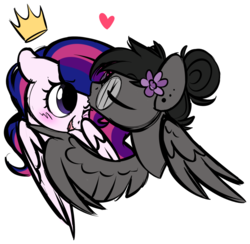 Size: 1024x1001 | Tagged: safe, artist:kellythedrawinguni, oc, oc only, pony, cute, eyes closed, female, flower, flower in hair, gift art, glasses, kissing, lesbian, mare, oc x oc, ocbetes, shipping, simple background, smiling, transparent background