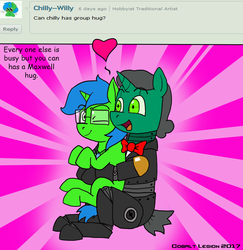 Size: 1024x1053 | Tagged: safe, artist:cobaltlegion, oc, oc only, oc:chilly willy, oc:maxwell, pony, robot, robot pony, unicorn, bowtie, comic sans, deviantart, duo, female, glasses, happy, heart, hug, mare, one eye closed, wink