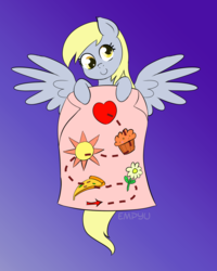 Size: 800x1000 | Tagged: safe, artist:empyu, derpy hooves, pegasus, pony, g4, female, flower, food, heart, looking at you, map, mare, muffin, pizza, simple background, smiling, solo, sun