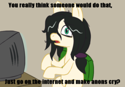 Size: 575x400 | Tagged: safe, artist:scraggleman, oc, oc only, oc:floor bored, earth pony, pony, /mlp/, 4chan, arthur, chair, dialogue, female, image macro, looking at you, mare, meme, monitor, open mouth, parody, ponified, sitting, solo