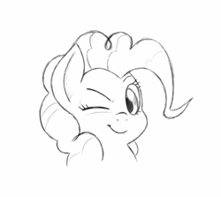 Size: 1440x1282 | Tagged: safe, artist:trickydick, pinkie pie, earth pony, pony, g4, bust, female, mare, monochrome, one eye closed, portrait, simple background, solo, white background, wink