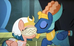 Size: 3970x2474 | Tagged: safe, screencap, prince hisan, somnambula, pegasus, pony, daring done?, g4, blindfold, cropped, duo, female, high res, male, mare, out of context, ship:hisambula, shipping fuel, somnambula's blindfold, stallion, straight
