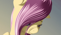 Size: 900x520 | Tagged: safe, artist:styroponyworks, fluttershy, pony, g4, bust, female, gradient background, indexed colors, lidded eyes, looking away, looking down, portrait, sad, solo, stray strand, wip