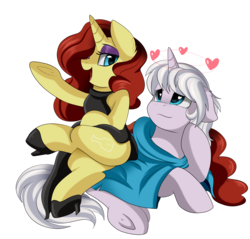 Size: 2586x2477 | Tagged: safe, artist:pridark, oc, oc only, oc:merlow, oc:vibrata songbird, pony, unicorn, black dress, clothes, commission, crossed legs, cute, dress, eyeshadow, female, heart, heart eyes, high heels, high res, makeup, male, mare, oc x oc, one eye closed, shipping, shoes, side slit, simple background, sitting on pony, stallion, transparent background, wingding eyes, wink