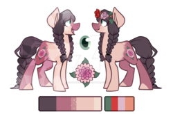 Size: 1024x671 | Tagged: safe, artist:crownedspade, oc, oc only, oc:dahlia, crystal pony, pony, braid, female, flower, flower in hair, mare, reference sheet, solo, watermark