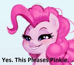 Size: 701x623 | Tagged: safe, artist:imalou, edit, pinkie pie, earth pony, pony, g4, bedroom eyes, blushing, bust, eyes on the prize, female, grin, lip bite, mare, simple background, smiling, solo, text, white background