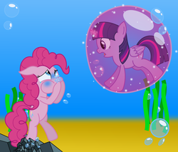 Size: 3000x2550 | Tagged: safe, artist:bladedragoon7575, pinkie pie, twilight sparkle, alicorn, earth pony, pony, g4, air bubble, asphyxiation, bubble, drowning, female, force field, high res, holding breath, in bubble, magic, magic bubble, mare, peril, rescue, simple background, stuck, teary eyes, trapped, twilight sparkle (alicorn), underwater