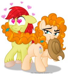 Size: 2000x2219 | Tagged: safe, artist:aleximusprime, bright mac, pear butter, earth pony, pony, g4, the perfect pear, butt, couple, cowboy hat, female, hat, heart eyes, high res, male, mare, married couple, mouth hold, pear butt, plot, seduction, ship:brightbutter, shipping, simple background, smiling, stallion, stetson, straight, tail seduce, tongue out, transparent background, wingding eyes