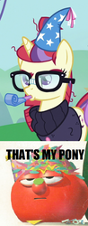 Size: 454x1153 | Tagged: safe, moondancer, amending fences, g4, bob the tomato, confetti, crossover, hat, meme, out of context, party hat, party horn, veggietales