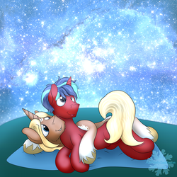 Size: 4000x4000 | Tagged: safe, artist:frostyb, oc, oc only, oc:ruby facet, oc:sidereal equinox, pony, unicorn, cuddling, explicit source, gay, male, smiling, snuggling, starry night