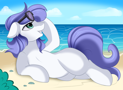 Size: 3509x2550 | Tagged: safe, artist:pridark, oc, oc only, oc:crowne prince, earth pony, pony, beach, blank flank, commission, female, high res, mare, ocean, sand, solo, sunglasses, water