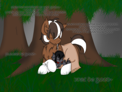 Size: 1600x1200 | Tagged: safe, artist:taletrotter, oc, oc only, oc:graye, oc:smoores, dragon, earth pony, pony, baby dragon, blanket, father, father and son, forest, illustration, lullaby, male, son, song, text, tree