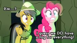 Size: 1920x1080 | Tagged: safe, edit, edited screencap, screencap, daring do, pinkie pie, earth pony, pegasus, pony, daring done?, g4, clothes, female, hat, mare, meta, pith helmet, reaction image, tag for everything