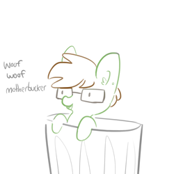 Size: 1650x1650 | Tagged: safe, artist:tjpones, oc, oc only, oc:tjpones, earth pony, pony, dialogue, ear fluff, glasses, simple background, solo, trash can, white background