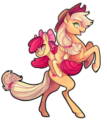 Size: 764x864 | Tagged: safe, artist:griffsnuff, apple bloom, applejack, earth pony, pony, g4, apple bloom riding applejack, bow, cowboy hat, duo, female, filly, hair bow, hat, looking at you, mare, ponies riding ponies, rearing, riding, simple background, sisters, smiling, transparent background