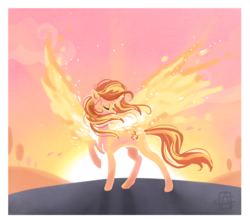 Size: 858x762 | Tagged: safe, artist:griffsnuff, sunset shimmer, pony, unicorn, g4, my past is not today, artificial wings, augmented, beautiful, equestria girls ponified, eyes closed, female, fiery shimmer, fiery wings, magic, magic wings, mare, ponified, raised hoof, solo, sunset, sunset phoenix, sunshine shimmer, wings