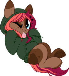 Size: 1544x1714 | Tagged: safe, artist:kellythedrawinguni, oc, oc only, oc:ruef, pony, clothes, female, hoodie, mare, one eye closed, simple background, solo, tongue out, transparent background, wink