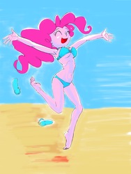 Size: 1668x2224 | Tagged: safe, artist:xjleiu, pinkie pie, equestria girls, armpits, beach, bikini, blue swimsuit, clothes, cute, diapinkes, female, happy, jumping, o-ring swimsuit, sandals, solo, swimsuit