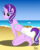 Size: 1423x1778 | Tagged: safe, artist:thunderdasher07, starlight glimmer, anthro, plantigrade anthro, g4, beach, bikini, bikini top, breasts, clothes, diaper, female, kneeling, looking at you, non-baby in diaper, poofy diaper, smiling, solo, swimsuit, tail, tail hole, wetness indicator