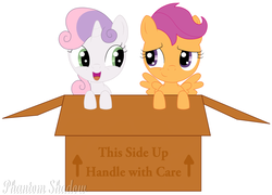 Size: 1280x922 | Tagged: safe, artist:phantomshadow051, scootaloo, sweetie belle, pegasus, pony, unicorn, g4, box, female, filly, lesbian, literal shipping, pony in a box, ship:scootabelle, shipping, simple background, white background