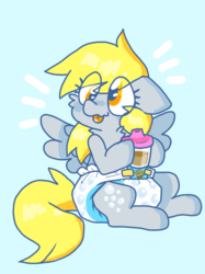 Size: 800x1067 | Tagged: safe, artist:crinklemews, derpy hooves, pony, g4, :p, baby bottle, chocolate, chocolate milk, cute, derpabetes, diaper, female, milk, non-baby in diaper, solo, tongue out