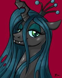 Size: 800x1000 | Tagged: safe, artist:catscratchpaper, queen chrysalis, changeling, changeling queen, g4, bust, crown, female, jewelry, portrait, red background, regalia, simple background, smiling, solo