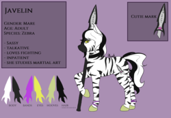 Size: 2882x2000 | Tagged: safe, artist:heniek, oc, oc only, oc:javy, zebra, female, high res, looking at you, raised hoof, reference sheet, solo, spear, weapon, zebra oc