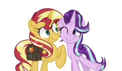 Size: 1014x590 | Tagged: dead source, safe, artist:yourrdazzle, starlight glimmer, sunset shimmer, pony, unicorn, g4, one eye closed, saddle bag, simple background, transparent background, wink