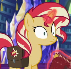 Size: 724x706 | Tagged: safe, screencap, sunset shimmer, equestria girls, equestria girls specials, g4, my little pony equestria girls: mirror magic, book, cropped, female, saddle bag, solo