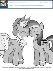 Size: 600x800 | Tagged: safe, artist:dekomaru, applejack, rainbow dash, pony, tumblr:ask twixie, g4, applestuck, ask, eyes closed, female, grayscale, lesbian, monochrome, nuzzling, ship:appledash, shipping, smiling, tumblr