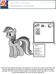 Size: 600x800 | Tagged: safe, artist:dekomaru, rainbow dash, pony, tumblr:ask twixie, g4, applestuck, ask, female, grayscale, inventory, monochrome, smiling, solo, tumblr